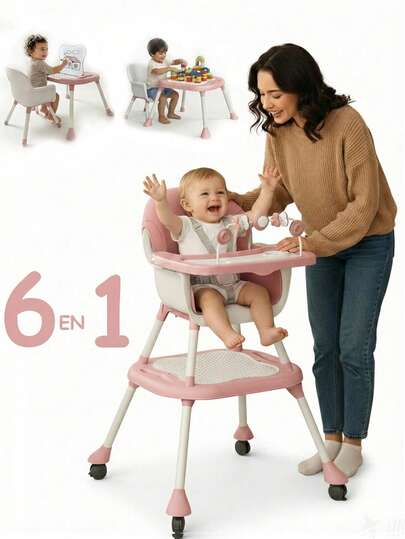 Periquera para Bebé 6 en 1 Multifuncional – Silla Alta Ajustable con Mesa de Juego y Escritorio, Bandeja Doble, Asiento PU y Ruedas, Ideal para Niños de 6 Meses a 6 Años