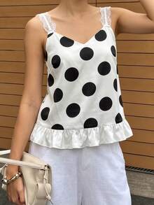 Camisetas de tirantes con estampado de lunares, ribete de encaje, escote en V con volantes y espalda descubierta para mujer, ideales para salir en verano. - Blanco - Ver 4