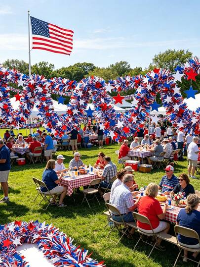 2件套独立日金属丝花环，红/白/蓝星形图案装饰挂件，金属光泽装饰品，美国建国日装饰，DIY家居装饰，适用于独立日、感恩节、阵亡将士纪念日及室内/室外装饰