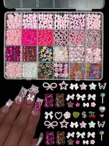 1 Box Random Mixed ABS Bow Nail Art Decorations, 3D Stereoscopic Design, 28 Color Options Including Solid Color Bows And Colorful Bows, Multifunctional, Suitable For Nail Art DIY - Multicolor - View 4