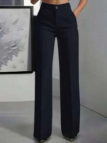 Pantalones rectos de unicolor versátiles y de moda, color blanco, para primavera - Azul marino - 1 - Ver 1
