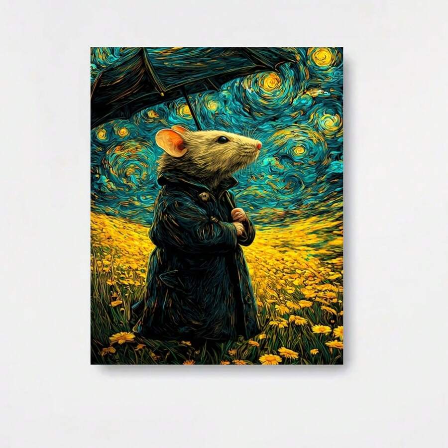Arte de pared plano 2D, 1 pieza de arte de pared plano 2D con un ratón lindo, que mide 12X16 pulgadas. Este diseño caprichoso de ratón con un paraguas es perfecto para una habitación de bebé o decoración temática de animales, adecuado para decoraciones de pared de hogar u oficina - Enmarcado - Ver 1