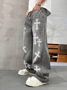 Quần jeans nam HEHCN in họa tiết chéo, túi ngực, dáng rộng, phong cách retro Y2K, màu xanh dương, ống rộng, chất liệu denim. - Xám - Xem 3