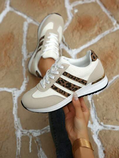 New Leopard Striped Platform Sneakers For Women, Mesh Breathable Thick Sole Casual Sports Shoes, Retro Tall Appearance Running Shoes, Versatile Shoes For Plus Size, Commuting And Casual Wear