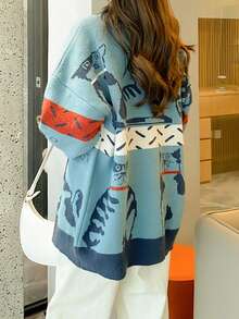 Women's Casual Cartoon Cat & Letter Pattern Color Block V-Neck Loose Cardigan, Autumn/Winter - Blue - View 2