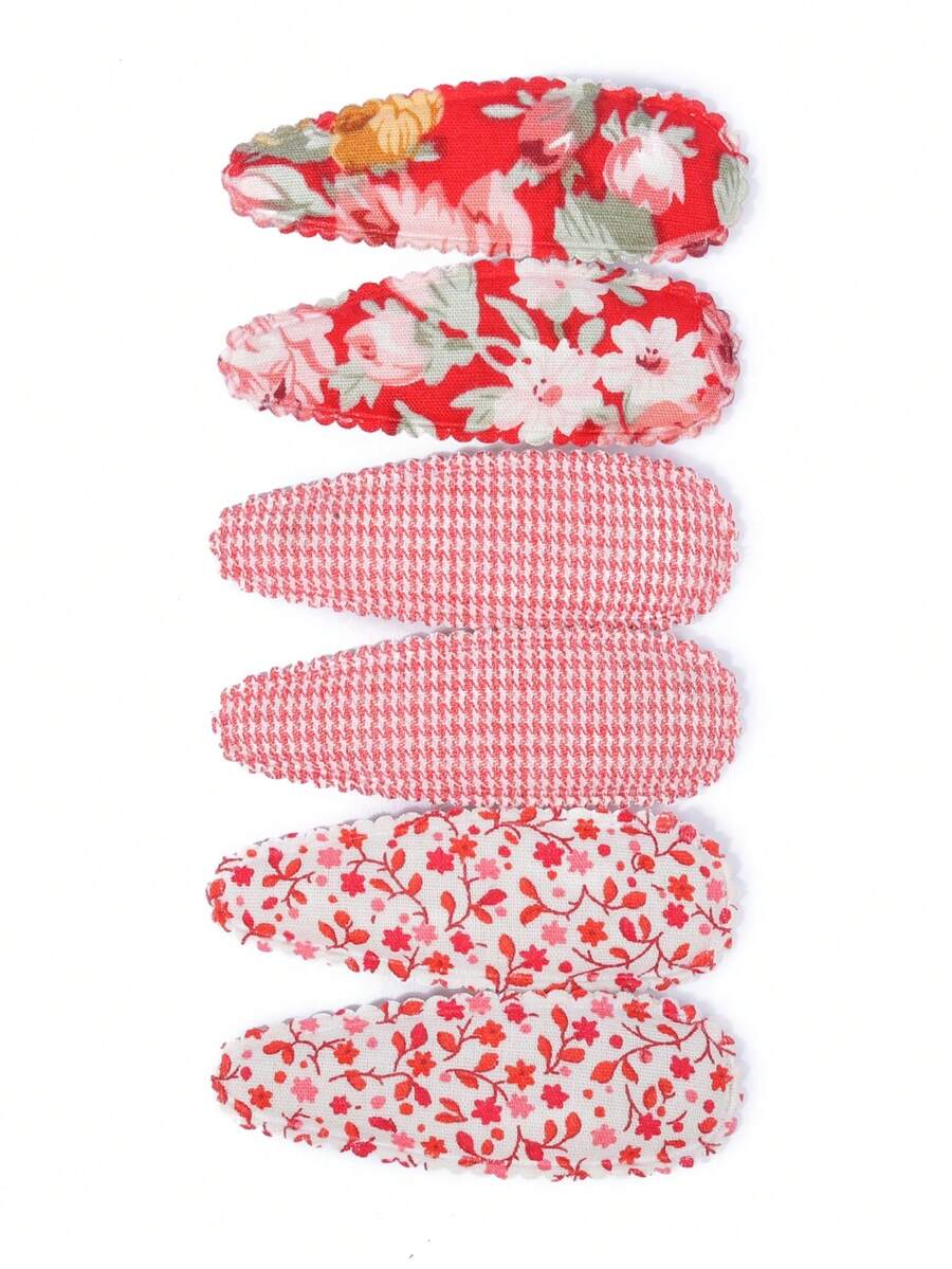 Set de 6 pinzas para el cabello con flores + bordado de gota de agua, pinzas laterales con borde de tela que no dañan, accesorios para el cabello de estilo suave adecuados para uso diario en primavera/verano - Rosa Fucsia - Ver 1