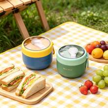 1pc Sealed Insulated Lunch Box With Handle, Leak-Proof Thermal Bento Box With Built-In Spoon, Portable Round Lunch Container, Suitable For Office Workers/Students/Camping - Multicolor - View 4