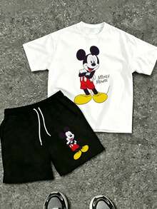 Disney Mickey Mouse Officially Licensed Men's 2-Piece Outfit, Classic Mickey Signature Print Crew Neck T-Shirt & Drawstring Shorts Casual Summer Streetwear Set For Theme Parks & Daily Wear - trắng - Xem 2