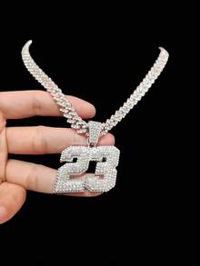 1 mặt dây chuyền số 23 và 1 dây chuyền Cuban 9mm đính đá toàn bộ, mặt dây chuyền số phong cách Hip Hop dành cho nam, trang sức retro punk thời trang, phù hợp để đeo hàng ngày hoặc dự tiệc, 2 lựa chọn dây chuyền. - Bạc - Xem 5