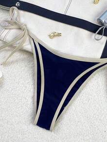 Traje de baño para mujer Swim Mod 2026 Primavera/Verano, con tirantes finos y cuello halter, en azul marino y amarillo en contraste, conjunto de bikini con lazo lateral para vacaciones. - Azul 2 - Ver 3