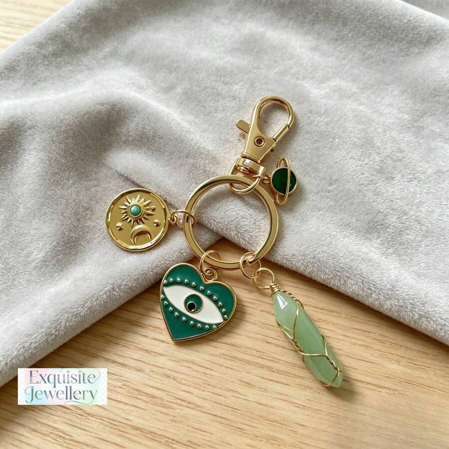 1pc Natural Stone Green Quartz Evil Eye Planet Moon Sun Turquoise Pendant Keychain Bag Charm Decor Light Versatile Minimalist Atmospheric Retro Small Gift For Daily Use Car Accessories School Cute Goth Y2k Bag Charms Lanyards With Id Holder Christm - 多色 3 - 查看 1