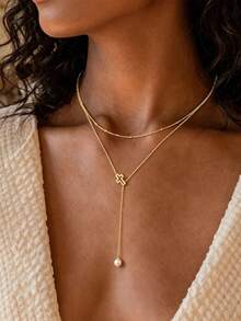 1条双层十字架仿珍珠Y形项链，优雅流苏吊坠项链，适合女性日常佩戴和参加派对，精美礼品 - 金色 - 查看 2