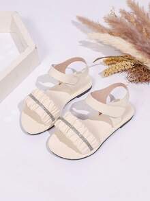 1 Pair Girls' Elegant Rhinestone Pleated PU Strap Hook And Loop Flat Sandals, Princess Style For Outing, Beach, Vacation, Suitable For Summer (Select Size Based On Foot Length Chart) - Beige - View 3
