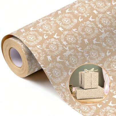 1 Roll Of Gift Wrapping Paper Featuring A Bird And Floral Wreath Pattern Durable Kraft Paper Material, 43 Cm * 500 Cm (17 In * 16.4 Ft). Ideal For Wedding Favors, Birthdays, Parties, Floral Arrangements, Scrapbooking And Collage Art, DIY Gift Bags, Desktop Organization Decor, And Gift Embellishments. Gift Wrapping Paper & Festive Packaging Supplies.