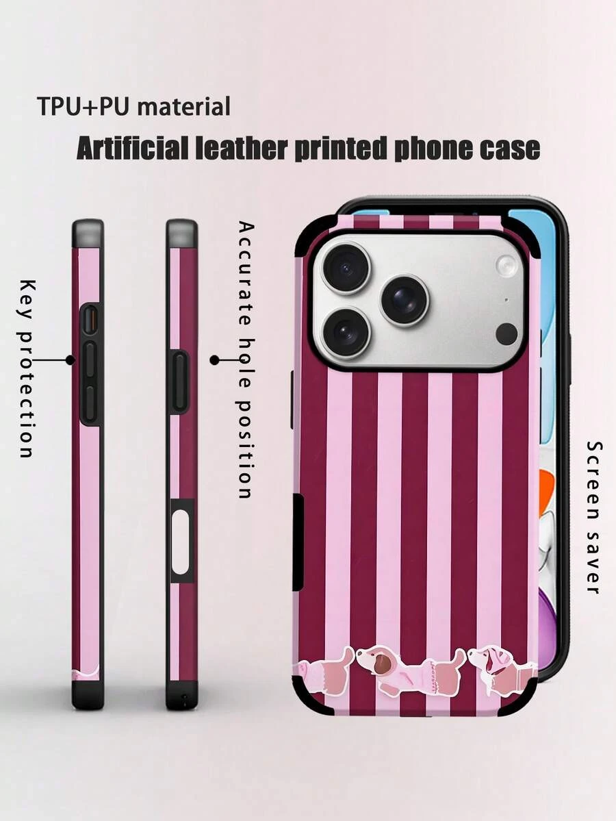 1 pieza Funda protectora de teléfono con estampado de perrito a rayas de colores para fiestas y vacaciones, anti-caída, anti-polvo, impresión colorida y artesanía de parche de cuero, diseño de orificio de altavoz con amplificador de sonido, compatible con iPhone 17PM/16PM/15PM/17/16/15/14/13/12/11, Galaxy S22/23/24, Feliz Navidad y Felices Fiestas Lunares Super Fibra PU - Rojo violeta - Ver 1