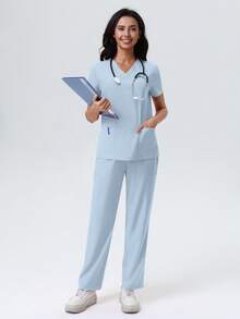 V-Neck Solid Color Multi-Pocket Waist Tie Scrubs Top And Pants Set - Baby Blue - View 5