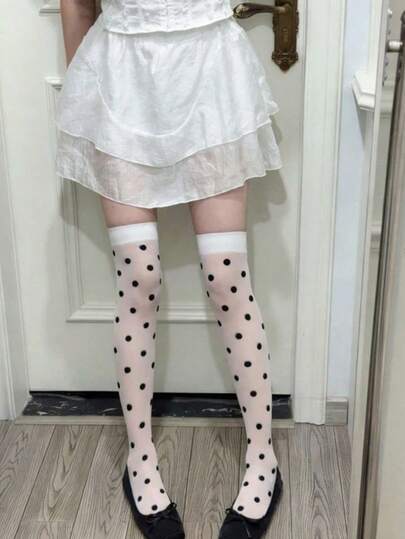 1 pieza Medias altas de mujer sexy con lunares - Medias transparentes, Medias hasta la rodilla con estilo JK. Uso versátil diario, Lencería esencial para damas.