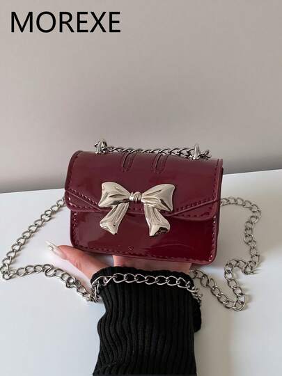 Mini Crossbody Bag, Women's Chain Shoulder Bag, Fashion Bow Decor Flap Cover Bag
