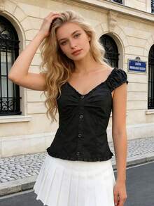 Womens Back Tie Tops Ruffled Trim V Neck Cap Sleeve Crop Summer Blouse With Decorative Buttons For Daily Office - Black - View 3