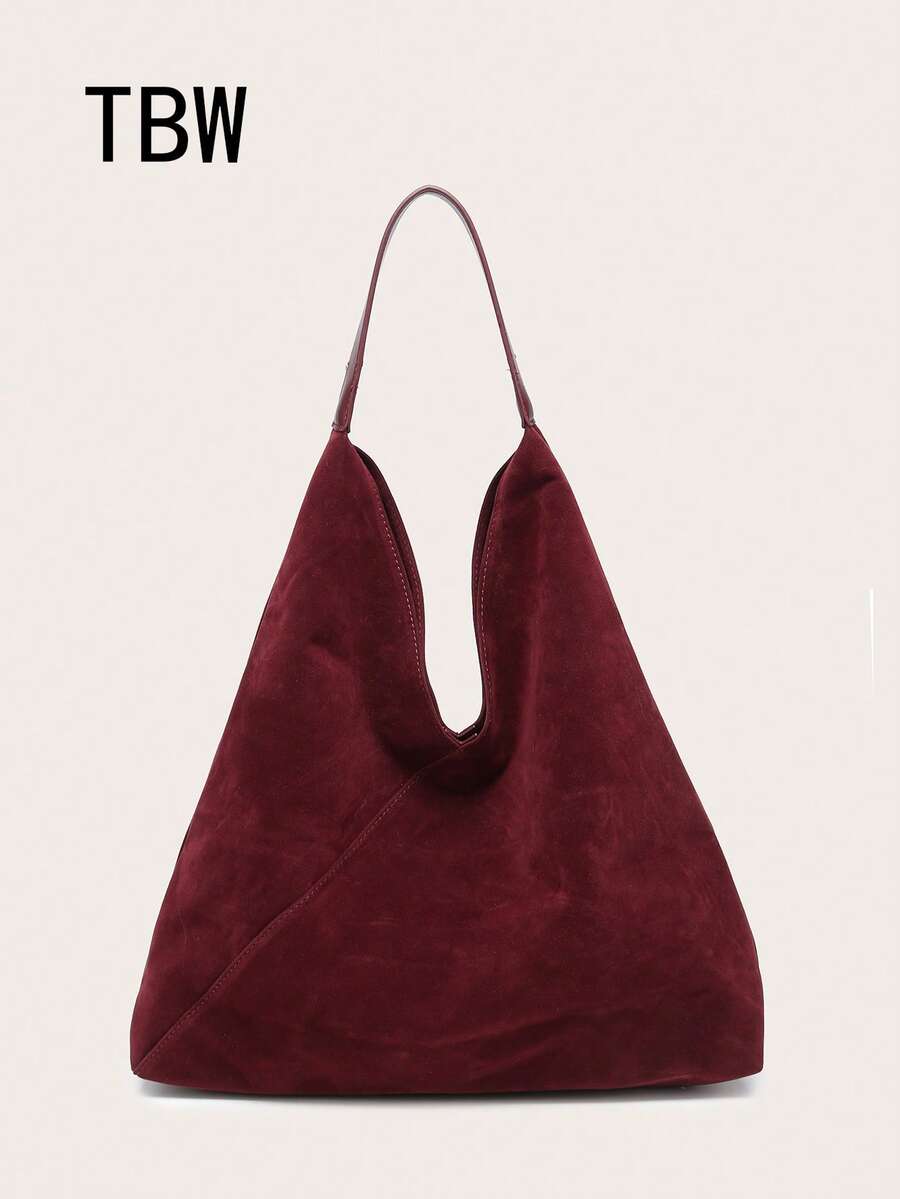 Women's Shoulder Bag/Handbag, Brown Suede, Large Capacity, Decorated With Rivets, Vintage Versatile Commuter Style, Suitable For Autumn/Winter Outings. - Burgundy - View 1