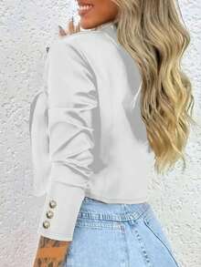 Women's Solid Color New Stylish Lapel Button Long Sleeve Short Cardigan Jacket White - White - View 3