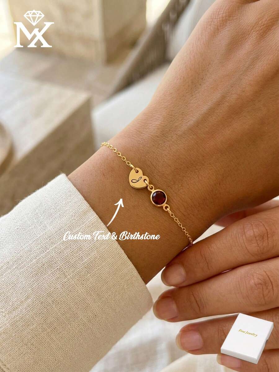 Vòng tay hình trái tim khắc chữ cái đầu tên riêng cho nữ, dây chuyền thép không gỉ đính đá Zirconia theo tháng sinh, mặt dây chuyền khắc chữ, quà tặng Ngày của Mẹ và sinh nhật.