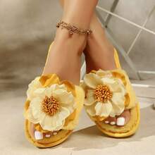 Women's Elegant Floral Embroidered Fabric Slippers, Casual Home Wear, All Season - Yellow - View 2