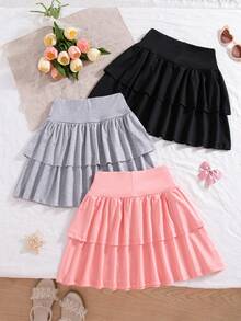 3pcs/Set Girls' Casual Everyday Solid Color Layered Skirt With 3D Bow Decor - Multicolor - View 3