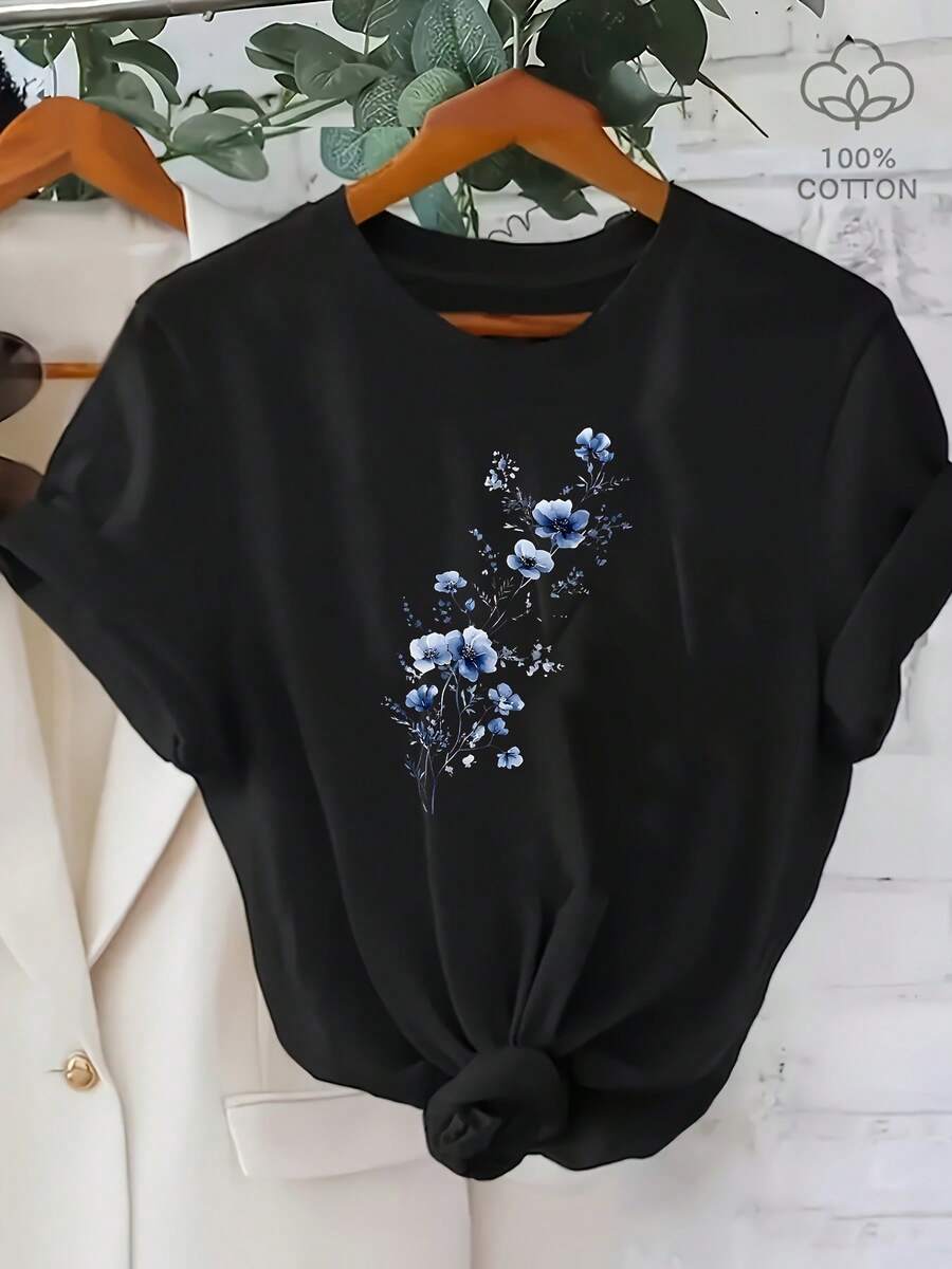 100% High Quality Summer Women's Plum Blossom Print T-Shirt, Round Neck, Short Sleeve, Comfortable Home Wear-X - Black - View 1