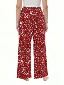Women Straight Leg Wide Leg Pants Red With White Floral Print Casual Comfortable Loose Fit For Everyday Wear And Light Exercise 250g - 彩色 - 查看 2