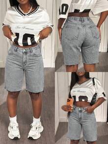 Plus Size Light Grey Distressed Frayed High Waist Stretchy Denim Capri Shorts, Suitable For Dates, Outings, Summer Chic, Slimming, Retro Versatile All-Match Casual - Light Gray - View 2