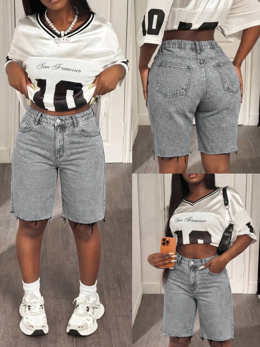 Plus Size Light Grey Distressed Frayed High Waist Stretchy Denim Capri Shorts, Suitable For Dates, Outings, Summer Chic, Slimming, Retro Versatile All-Match Casual