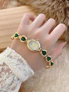1pc Petite Gold/Silver Vintage Luxury Women's Quartz Watch, Fashionable Minimalist Elegant For Daily Wear, Birthday Gift - Green - View 2