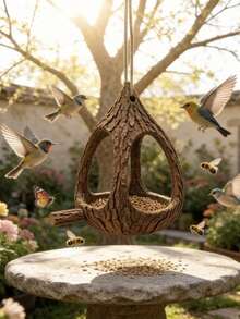 1pc Brown Tree Bark Texture Water Drop Shaped Hanging Bird Feeder, Rustic Faux Wood Resin Bird Feeding Dish With Perch And Hemp Rope, Hollow Tree Trunk Design Wild Bird Food Storage Container, Tree Hanging Garden Patio Spring Summer Outdoor Wildlife Decor Gift - Tree - View 5