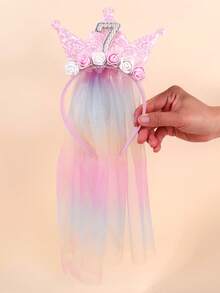 1 Stück Prinzessin Geburtstags Krone Haarband für Mädchen, mit langem Regenbogen Farbverlauf Schleier, glitzernde Pailletten Zahlen 1-5 & Blumen Deko, süßes Haarband, geeignet als Party Foto Requisite, süßes Mädchen Tüll Haarschmuckstück, tolles Geburtstagsgeschenk, Teenager Haaraccessoire - Verschiedenfarbig - Übersicht 16