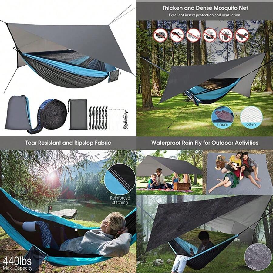 Camping Hammock With Mosquito Net Rain Fly Heavy Duty Tree Strap Nylon Parachute Single Double Hammock Tent Waterproof Rainfly Set For Camping Backpacking Backyard Patio Hiking Travel Outdoor - Blue - 查看 1