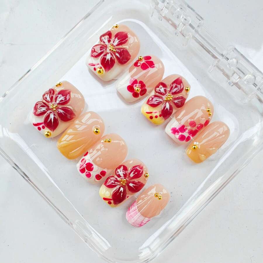 Nailposh 10 PCS Handmade Short Square Press-On Nails | Neon Green French Tip With 3D Clover & Star Accents - Đỏ - Xem 1