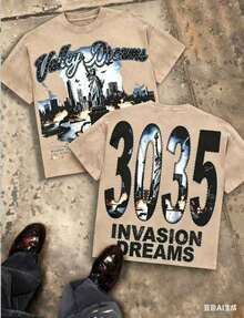 Valley Dreams Statue Of Liberty & City Explosion & "3035 INVASION DREAMS" Text 230g Combed Washed Cotton T-Shirt, Street Short-Sleeve Top, American - 咖啡棕 - View 9