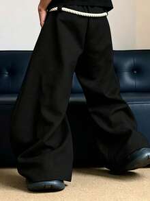Pantalones de chándal casuales sueltos de pierna ancha con bolsillos para hombre - Negro - Ver 3