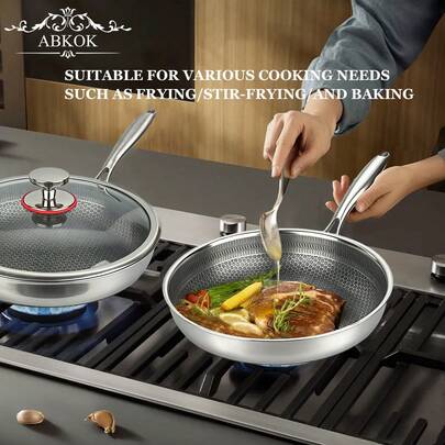 ABKOK 1pc Non-Stick Stainless Steel Frying Pan With Lid - Double Honeycomb Design (26cm/10.24in, 28cm/11.02in). Suitable For All Stovetops. Promotes Healthy Cooking With Low Smoke Emission. Features Even Heat Distribution, Non-Stick Performance, And Double-Sided Honeycomb Flat Bottom Design. Professional-Grade Cookware Suitable For Home And Commercial Use. Easy To Clean And Dishwasher .