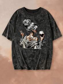 Áo thun ngắn tay cổ tròn dáng rộng Just Breathe Wine Lover, phong cách vintage thường ngày dành cho nữ, màu đen. - màu đen - Xem 2