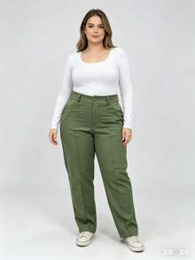 Straight Leg Plus Size Tailored Trousers 46-50 With Belt, Button And Zipper Closure 8827 - 軍綠色 - 查看 1