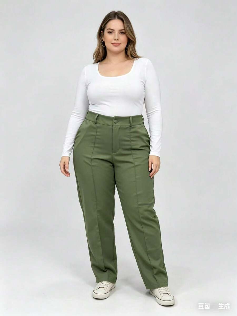 Straight Leg Plus Size Tailored Trousers 46-50 With Belt, Button And Zipper Closure 8827 - 軍綠色 - 查看 1