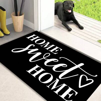 1pc Black Background With White Letter Print Non-Slip Kitchen Mat, Holiday Party Decorative Floor Mat/Carpet, Anti-Slip Anti-Oil Foot Pad, Quick Dry Carpet For Kitchen, Hallway, Bathroom, Laundry Room, Home Decor