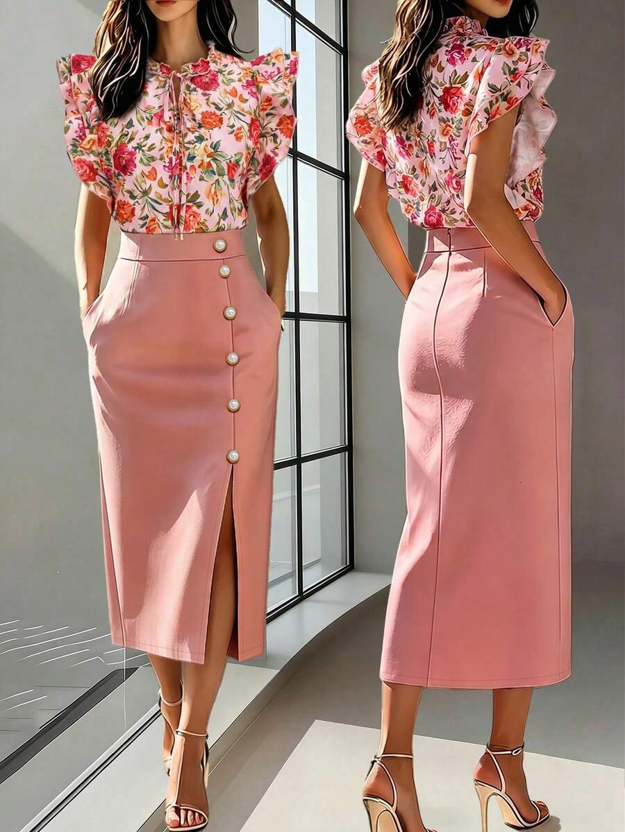 Conjunto de 2 piezas de blusa con estampado floral y falda de unicolor, adecuado para uso casual, oficina y viajes, elegante para el verano en color rosa - Rosa - Ver 1