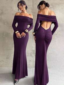 Vestido largo sirena para mujer, hombros descubiertos con espalda al aire, ajustado y fruncido, elegante para fiestas, bodas como invitada y graduación, color liso - Burdeos - Ver 10