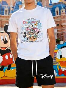 Disney Walt Disney World Officially Licensed Men's 2-Piece Outfit, Classic Characters Retro Print Crew Neck T-Shirt & Drawstring Shorts Casual Summer Streetwear Set For Theme Parks & Daily Wear - 白色 - 查看 1