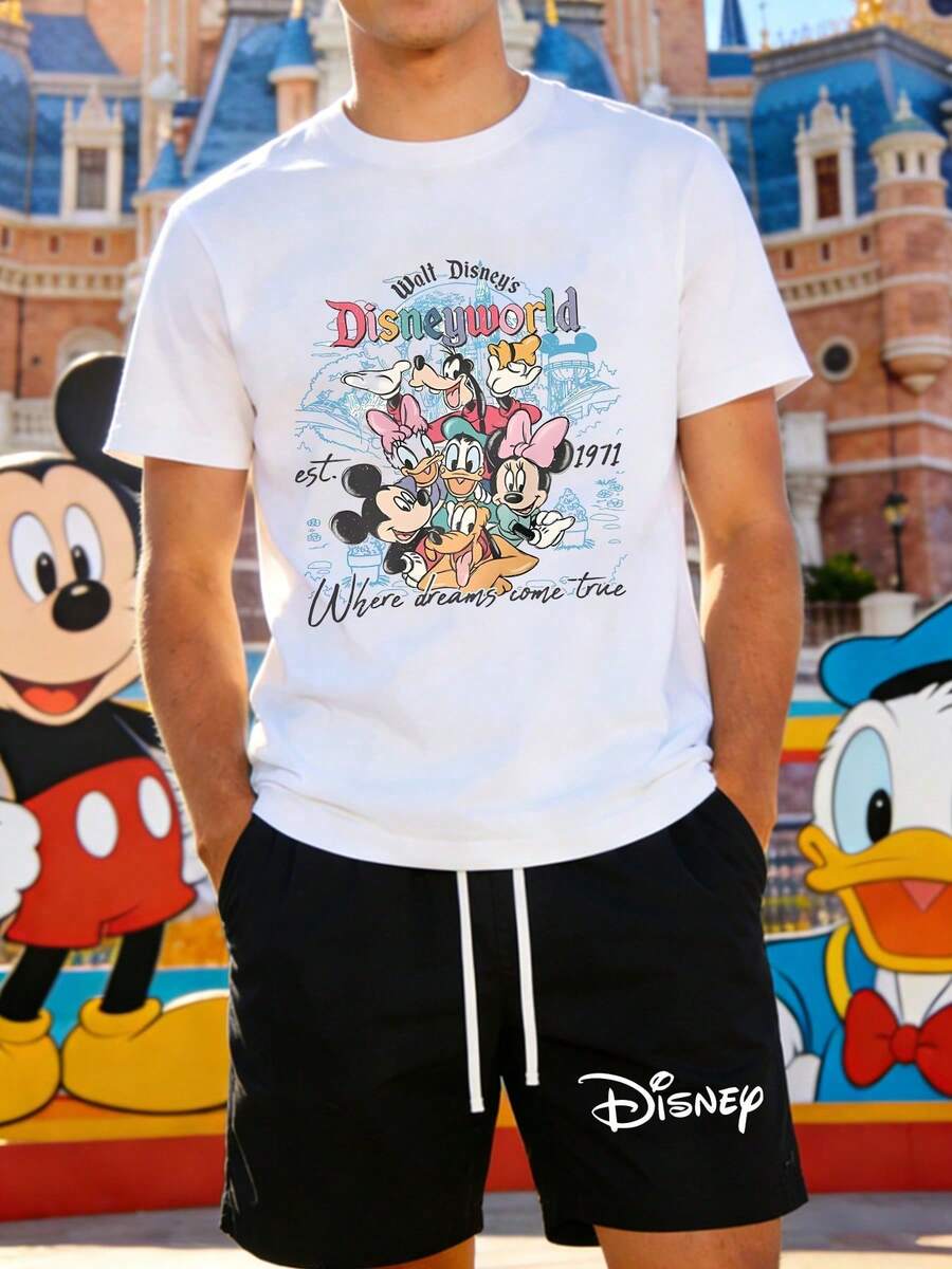 Disney Walt Disney World Officially Licensed Men's 2-Piece Outfit, Classic Characters Retro Print Crew Neck T-Shirt & Drawstring Shorts Casual Summer Streetwear Set For Theme Parks & Daily Wear - 白色 - 查看 1