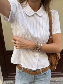 Camellia New Spring/Summer Women's Fashion Minimalist Striped Silk Blouse - White Stripes - View 2