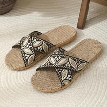 Women's Criss-Cross Linen Slippers, Retro Floral Pattern, Breathable Indoor Floor Slippers For All Seasons - Black - View 3